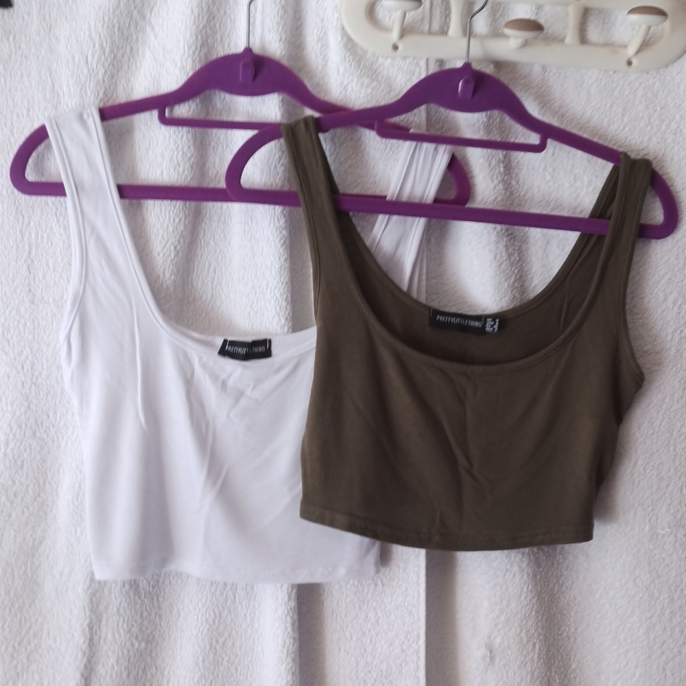 (FWP) Bundle of 2 PrettyLittleThing Cropped Tank Tops/Vests - White and Green